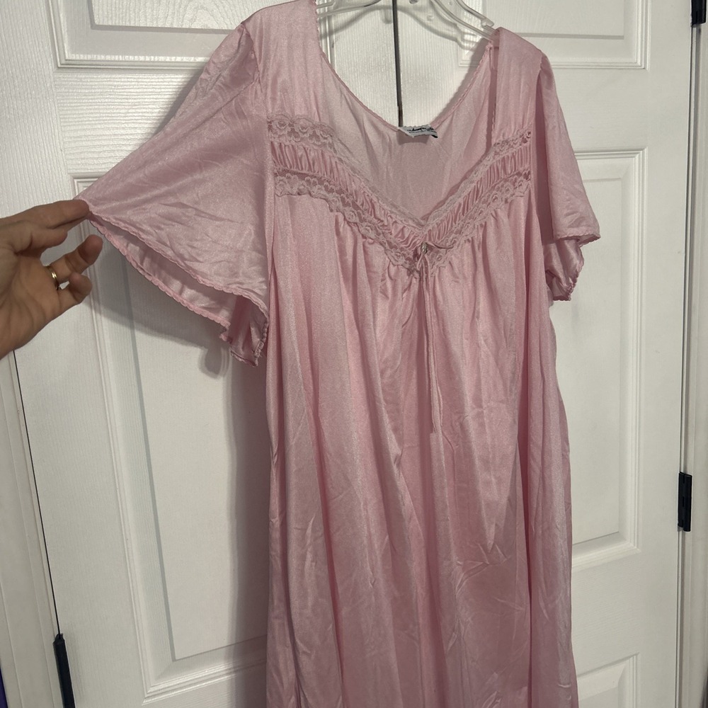 ANTHONY RICHARDS Pink Nightgown Nylon Calf Short Sleeve Lace Plus 2X Vintage‎